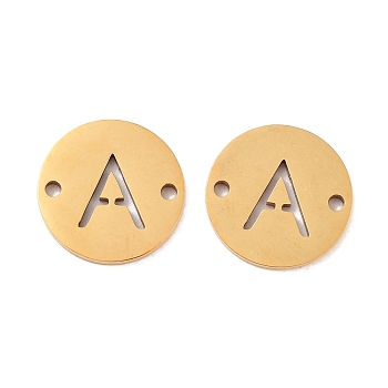 PVD Vacuum Plating 201 Stainless Steel Hollow Flat Round Links, Letter Connector Charms, Real 18K Gold Plated, Letter A, 12x1mm, Hole: 1.2mm