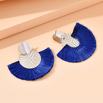 Flat Round with Fan Bohemian Style Iron Tassel Stud Earrings, Platinum, Dark Blue, 52x55mm