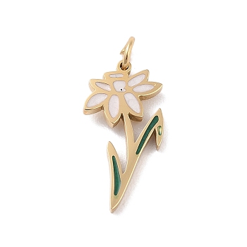 304 Stainless Steel Pendants, with Enamel and Jump Ring, Flower Charm, Golden, White, 20x10.5x2mm, Hole: 3mm