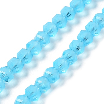 Electroplate Transparent Glass Beads Strands, Frosted, Faceted, Lantern, Light Sky Blue, 7x7.8x7.5mm, Hole: 1.5mm, about 72pcs/strand, 20.79''(52.8cm)
