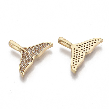 Brass Micro Pave Cubic Zirconia Charms, Nickel Free, Whale Fishtail, Clear, Real 18K Gold Plated, 14.5x19x3mm, Hole: 4x1.5mm