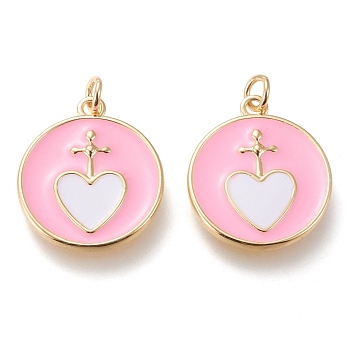 Brass Pendants, with Enamel and Jump Rings, Long-Lasting Plated, Flat Round with Heart, Golden, White, 20.5x18x2mm, Hole: 3mm