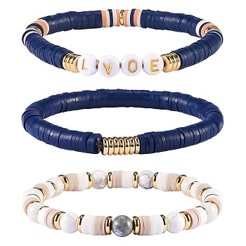 Love Beads Stacking Stretch Bracelets Set for Women, Natural Howlite & Brass Beads Energy Power Bracelets, Polymer Clay Heishi Beads Bracelets for Summer Beach, Golden, Mixed Color, Inner Diameter: 2-1/4 inch(5.6~5.8cm), 3pcs/set