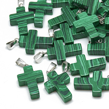 Synthetic Malachite Pendants, with Stainless Steel Snap On Bails, Cross, 29~30x18~19x5~6mm, Hole: 6x4mm
