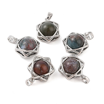 Natural Indian Agate Round Pendants, Stainless Steel Star of David Charms, Stainless Steel Color, 20x15.5x10.5mm, Hole: 3x5mm
