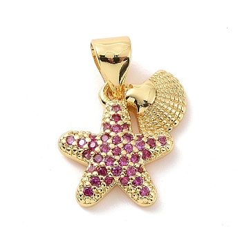 Brass Micro Pave Cubic Zirconia Charms, Starfish with Shell Shape Charm, Real 18K Gold Plated, Camellia, 13.5x13x2.5mm, Hole: 3x4mm