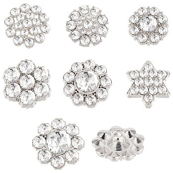 42Pcs 7 Styles 1-Hole Alloy Rhinestone Shank Button, Star of David & Flower, Platinum, 15~20x15~20x8.5~11mm, Hole: 2mm, 6pcs/style