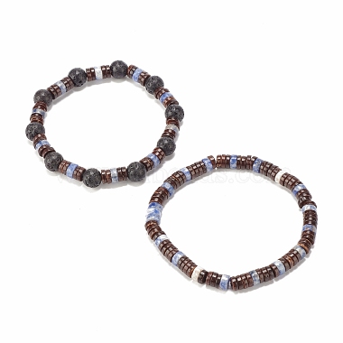 2Pcs 2 Style Natural Coconut & Blue Spot Jasper & Lava Rock Beaded Stretch Bracelets Set(BJEW-JB07944)-4