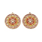 Alloy Pendants, Flat Round with Flower Charms, Cut-Out, Colorful, Light Gold, 32x30x1.5mm, Hole: 1.5mm(AL-CBA75EE-11KCG)