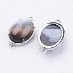 Brass Natural Agate Links Connectors, Dyed & Heated, Oval, Platinum, 15~15.5x25.5~26x6.5~7mm, Hole: 1.5~2mm(X-G-E398-03I)