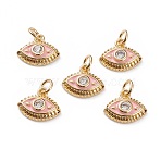 Brass Micro Pave Clear Cubic Zirconia Charms, Cadmium Free & Lead Free, with Enamel, Eye, with Jump Rings, Real 18K Gold Plated, Misty Rose, 10x12x3mm, Jump Ring: 5x1mm, 3mm Inner Diameter(KK-C100-15G-A03)
