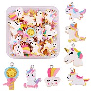 35Pcs 7 Styles Opaque Resin Pendants, Star & Unicorn & Lollopop Charm, with Platinum Tone Iron Loops, Mixed Shapes, Mixed Color, 18~27x14~23x4~6mm, Hole: 2mm, 5pcs/style(RESI-SZ0001-71)