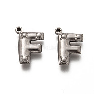 201 Stainless Steel Pendants, Letter F, Stainless Steel Color, 15.5x11.5x3mm, Hole: 1mm(STAS-H125-55P)