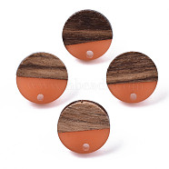 Resin & Walnut Wood Stud Earring Findings, with 304 Stainless Steel Pin, Flat Round, Coral, 15mm, Hole: 1.8mm, Pin: 0.7mm(MAK-N032-008A-A01)