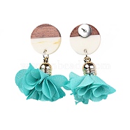 Stud Earrings, with Cloth Pendant, Resin & Wood Pendants and Stainless Steel Findings, Flat Round and Flower, Turquoise, 46.5~50.5mm, Flat Round: 18x2.8mm, Flower: 26.5~30.5x26.5~32mm, Pin: 0.6mm(EJEW-JE03019-03)
