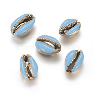 Electroplated Natural Cowrie Shell Beads, with Enamel, Undrilled/No Hole Beads, Golden, Light Sky Blue, 18~22x13~15x7~8mm(X-BSHE-G019-01G-D)