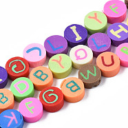 Handmade Polymer Clay Bead Strands, FLat Round with Capital Letter, Mixed Color, 9~10x4~5mm, Hole: 1.6mm, about 40pcs/strand, 14.76 inch~15.35 inch(37.5~39cm)(CLAY-N006-76)