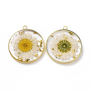 Transparent Clear Epoxy Resin Pendants, with Edge Golden Plated Brass Loops and Gold Foil, Flat Round Charms with Inner Flower, Old Lace, 33.8x30x4mm, Hole: 2.5mm(RESI-L036-12G-08)