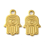 Ion Plating(IP) 304 Stainless Steel Pendants, Laser Cut, Hamsa Hand with Eye Charm, Real 18K Gold Plated, 17x11.5x1mm, Hole: 2.5mm(STAS-P341-19B-G)