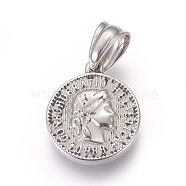 304 Stainless Steel Pendants, Flat Round with Human, Antique Silver, 17.5x15x3mm, Hole: 5x6mm(STAS-E449-62AS)