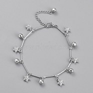Brass Textured Star Charm Anklets, with Bar Link Chains and Bell Charms, Platinum, 8-7/8 inch(22.5cm)(AJEW-B005-04P)