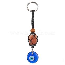 Handmade Evil Eye Lampwork Pendant Decoraton, Iron Rings & Braided Nylon Thread Pouch Hanging Ornaments, Blue, 145mm(HJEW-JM02027-01)