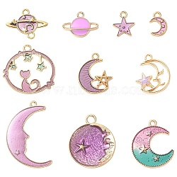 DIY Jewelry Making Finding Kit, Including 10Pcs 10 Style Alloy Enamel Pendants & Connectors Charms, Moon & Cat & Star, Purple, 11.5~32x7.5~23.5x1.5~3mm, Hole: 1.4~3mm, 1Pc/style(DIY-YW0007-25)