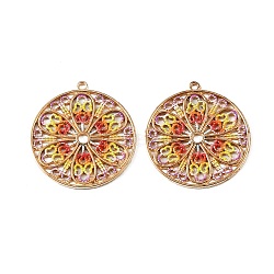 Alloy Pendants, Flat Round with Flower Charms, Cut-Out, Colorful, Light Gold, 32x30x1.5mm, Hole: 1.5mm(AL-CBA75EE-11KCG)