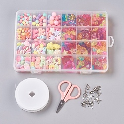 DIY Jewelry Making Kits For Children, Mixed Shape Acrylic Beads, Lobster Claw Clasps, Crystal Thread, Jump Ring, Ear Nuts/Earring Backs, Scissor, Bead Tips, Mixed Color, 19x13x2.2cm(DIY-WH0004-08B)