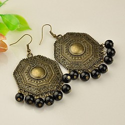 Tibetan Style Chandelier Earrings, with Baking Painted Glass Beads and Iron Earring Hooks, Black, 74mm(X-EJEW-JE00522-08)