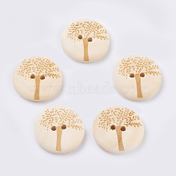 Wooden Buttons, 2-Hole, Flat Round with Tree, Blanched Almond, 25x4mm, Hole: 2.5mm(BUTT-K007-05B)