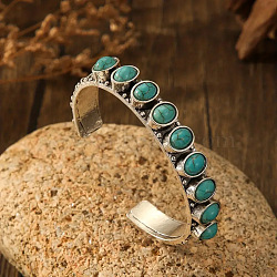Bohemian Style Oval Alloy Synthetic Turquoise Beads Cuff Bangles for Women, Antique Silver, Turquoise, Inner Diameter: 2-1/2 inch(6.5cm)(WG13159-02)