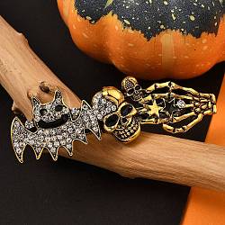 Tibetan Style Alloy Rhinestone Hair Barrettes, Skull & Bat, Antique Golden, 27x85x19mm(PHAR-P010-02AG)