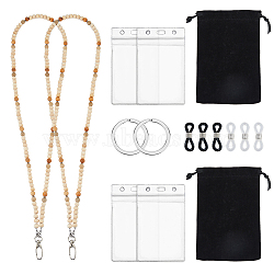 Wooden Beaded Name Card Holder Sets, with Iron Swivel Snap Hooks Clasps, Plastic Sleeves and Rectangle Velvet Pouches, Rubber Loop Ends, Wheat(NJEW-AB00033)