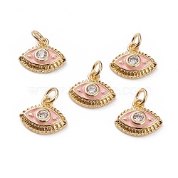 Brass Micro Pave Clear Cubic Zirconia Charms, with Enamel, Eye, with Jump Rings, Real 18K Gold Plated, Misty Rose, 10x12x3mm, Jump Ring: 5x1mm, 3mm Inner Diameter(KK-C100-15G-A03)