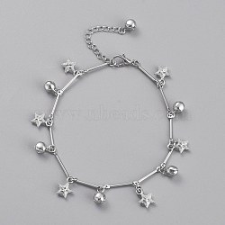 Brass Textured Star Charm Anklets, with Bar Link Chains and Bell Charms, Platinum, 8-7/8 inch(22.5cm)(AJEW-B005-04P)
