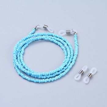 Eyeglasses Chains, Neck Strap for Eyeglasses, with Glass Seed Beads, Brass Crimp Beads and Rubber Loop Ends, Sky Blue, 30.7 inch(78cm)
