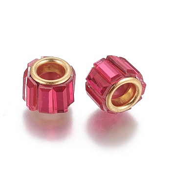 Brass Cubic Zirconia European Beads, Large Hole Beads, Column, Golden, Medium Violet Red, 10x8mm, Hole: 5mm
