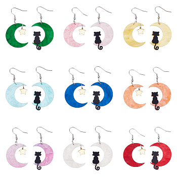 9 Sets 9 Colors Moon & Star & Cat Resin Asymmetrical Earrings, Dangle Stud Earrings with Steel Pins for Women, Mixed Color, 54.5x27mm, 58.5x26mm, 1 set/color