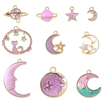 DIY Jewelry Making Finding Kit, Including 10Pcs 10 Style Alloy Enamel Pendants & Connectors Charms, Moon & Cat & Star, Purple, 11.5~32x7.5~23.5x1.5~3mm, Hole: 1.4~3mm, 1Pc/style