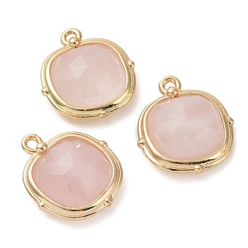 Natural Rose Quartz Pendants, Faceted Square Charms, with Golden Plated Brass Edge Loops, 16x14x5mm, Hole: 2mm