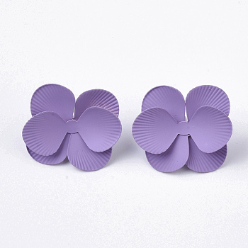 Spray Painted Iron Stud Earring Settings, with Earring Backs/Ear Nuts, Flower, Medium Purple, 30x29~30x11mm, Pin: 1mm