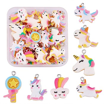 35Pcs 7 Styles Opaque Resin Pendants, Star & Unicorn & Lollopop Charm, with Platinum Tone Iron Loops, Mixed Shapes, Mixed Color, 18~27x14~23x4~6mm, Hole: 2mm, 5pcs/style