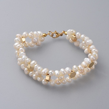 Beaded Bracelets, with Natural Pearl, Brass Findings, Cornsilk, Real 18K Gold Plated, 6-7/8 inch(17.5cm), 13mm