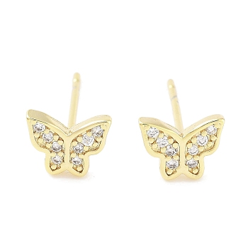 Brass Micro Pave Clear Cubic Zirconia Studs Earring for Women, Butterfly, Real 18K Gold Plated, 5.5x7mm