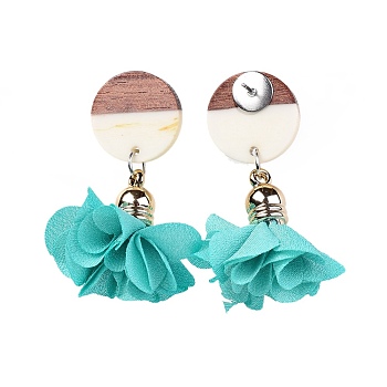 Stud Earrings, with Cloth Pendant, Resin & Wood Pendants and Stainless Steel Findings, Flat Round and Flower, Turquoise, 46.5~50.5mm, Flat Round: 18x2.8mm, Flower: 26.5~30.5x26.5~32mm, Pin: 0.6mm