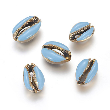 Electroplated Natural Cowrie Shell Beads, with Enamel, Undrilled/No Hole Beads, Golden, Light Sky Blue, 18~22x13~15x7~8mm