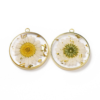 Transparent Clear Epoxy Resin Pendants, with Edge Golden Plated Brass Loops and Gold Foil, Flat Round Charms with Inner Flower, Old Lace, 33.8x30x4mm, Hole: 2.5mm