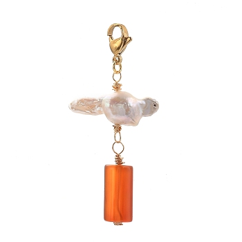 Natural Carnelian Big Pendants, with Keshi Pearl Beads and Golden Plated 304 Stainless Steel Lobster Claw Clasps, Column, 55mm