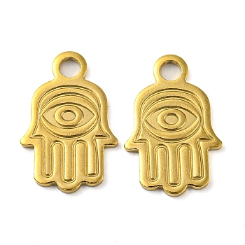 Ion Plating(IP) 304 Stainless Steel Pendants, Laser Cut, Hamsa Hand with Eye Charm, Real 18K Gold Plated, 17x11.5x1mm, Hole: 2.5mm